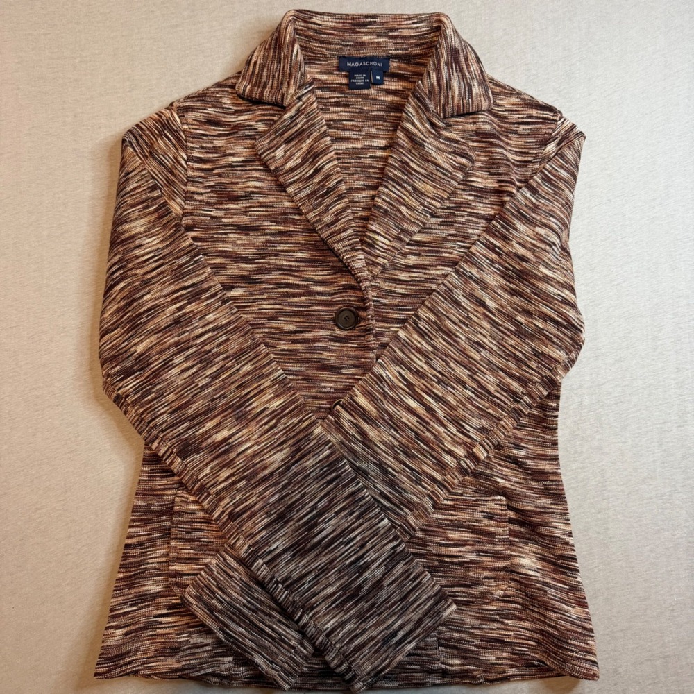Magaschoni 100% Silk Knit Blazer Jacket Brown Space Dye Single Button Womens M